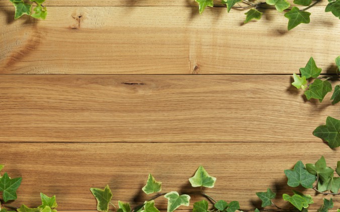 Wooden-Surface-with-Fresh-Green-Leaves-Background